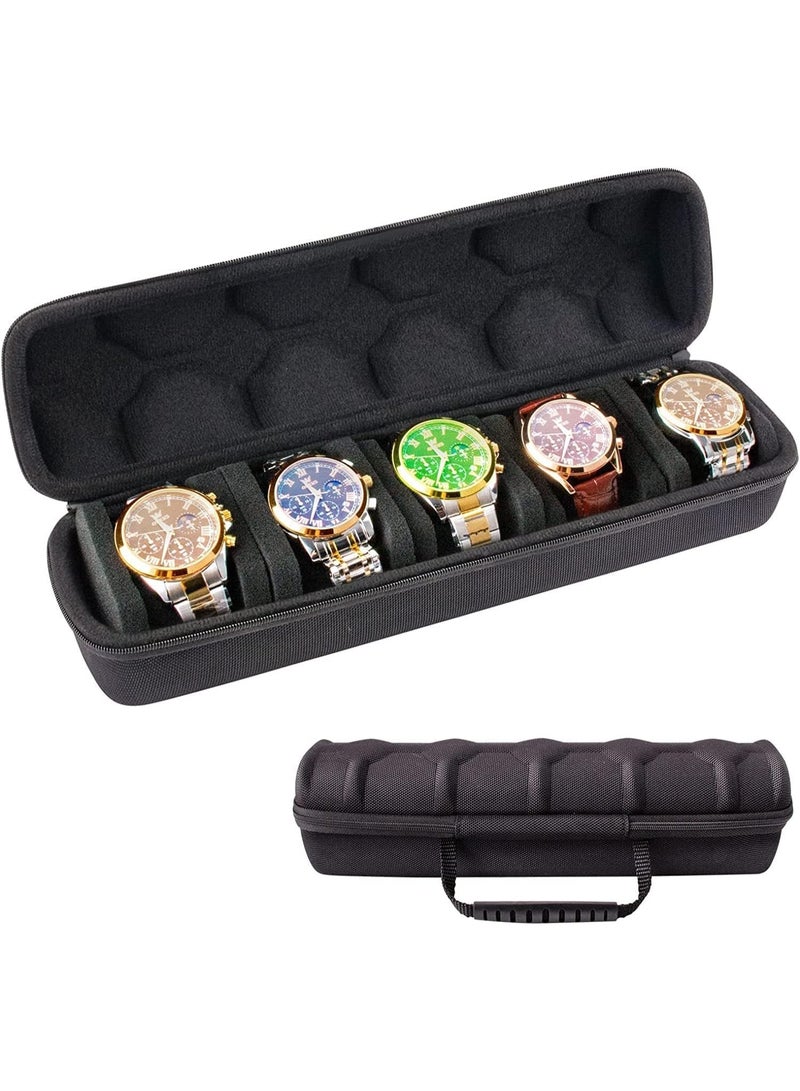 Luxury Round Watch Organizer Case – Holds 5 Watches, Shockproof and Scratch-Resistant Travel Storage Box with Soft Velvet Lining and Foam Cushions, Durable Nylon Exterior, Black, 32.5 × 8.5 × 9 cm - Image 1